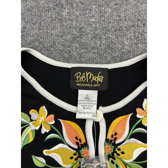 Bob Mackie Wearable Art Sweater Womens Large Black Embroidered Floral Cardigan - Picture 2 of 6